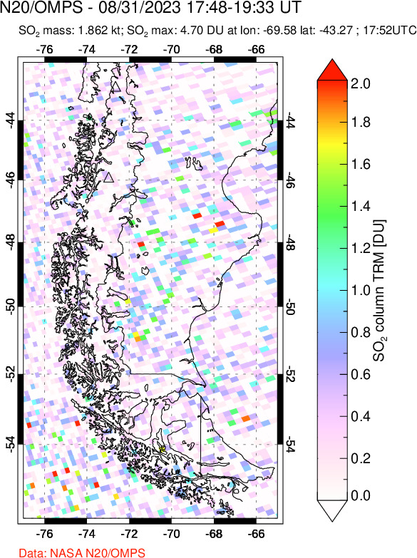 A sulfur dioxide image over Southern Chile on Aug 31, 2023.