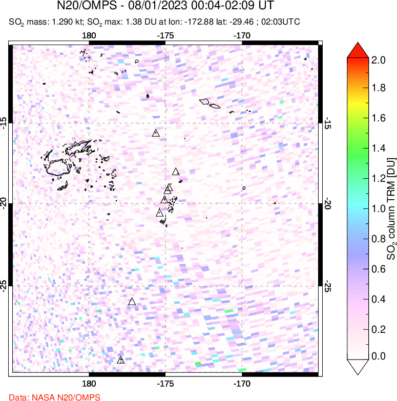 A sulfur dioxide image over Tonga, South Pacific on Aug 01, 2023.