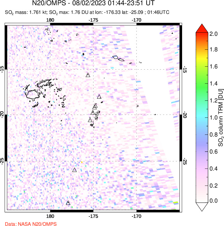 A sulfur dioxide image over Tonga, South Pacific on Aug 02, 2023.