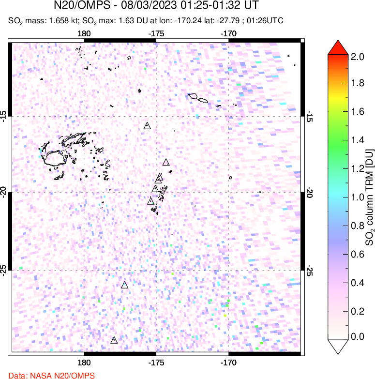 A sulfur dioxide image over Tonga, South Pacific on Aug 03, 2023.