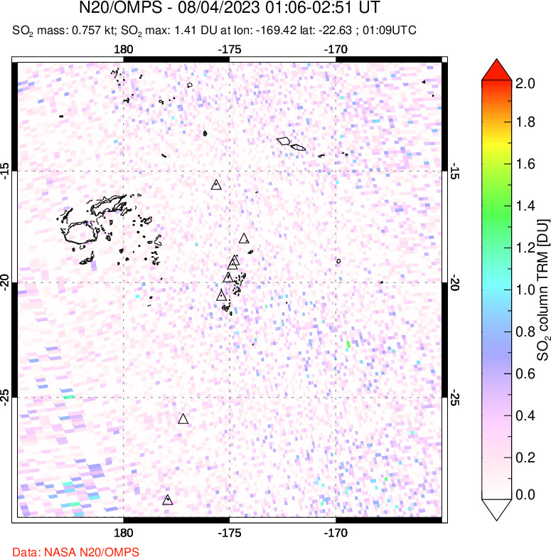 A sulfur dioxide image over Tonga, South Pacific on Aug 04, 2023.