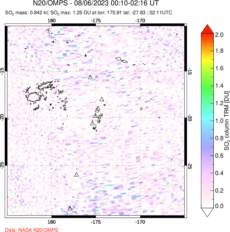 A sulfur dioxide image over Tonga, South Pacific on Aug 06, 2023.