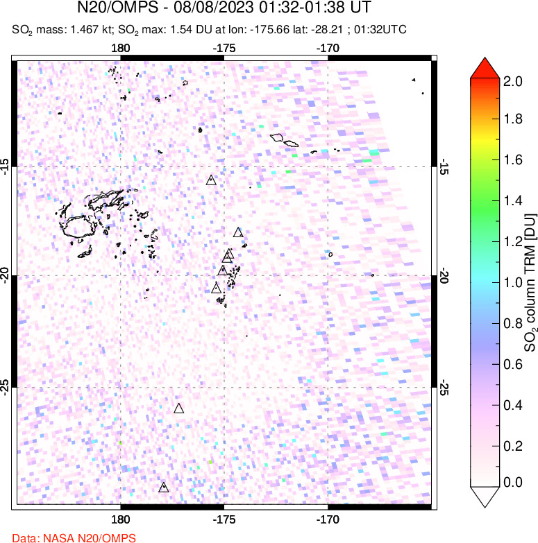 A sulfur dioxide image over Tonga, South Pacific on Aug 08, 2023.