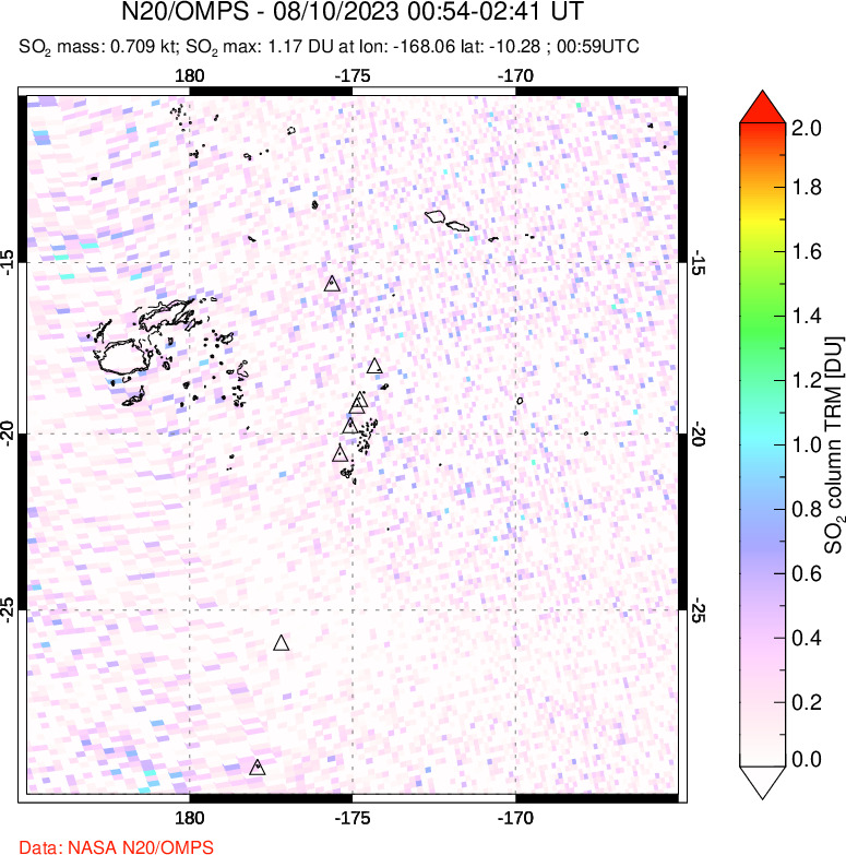 A sulfur dioxide image over Tonga, South Pacific on Aug 10, 2023.