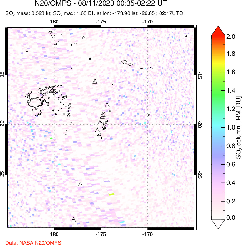 A sulfur dioxide image over Tonga, South Pacific on Aug 11, 2023.