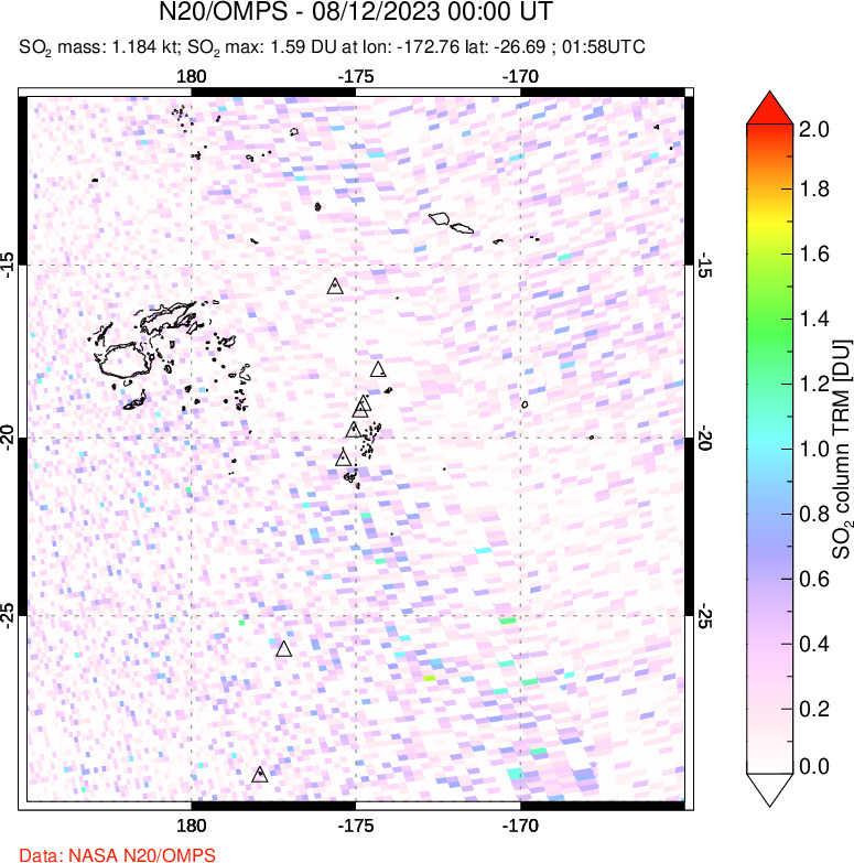 A sulfur dioxide image over Tonga, South Pacific on Aug 12, 2023.