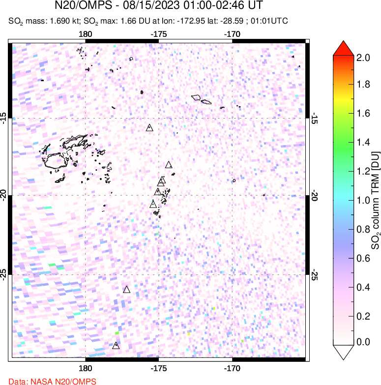 A sulfur dioxide image over Tonga, South Pacific on Aug 15, 2023.