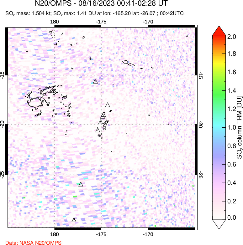 A sulfur dioxide image over Tonga, South Pacific on Aug 16, 2023.