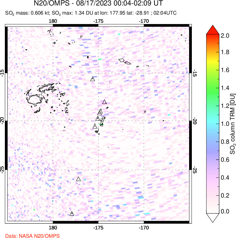 A sulfur dioxide image over Tonga, South Pacific on Aug 17, 2023.