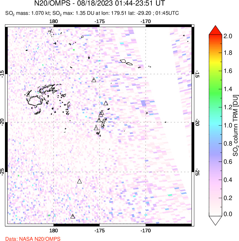 A sulfur dioxide image over Tonga, South Pacific on Aug 18, 2023.