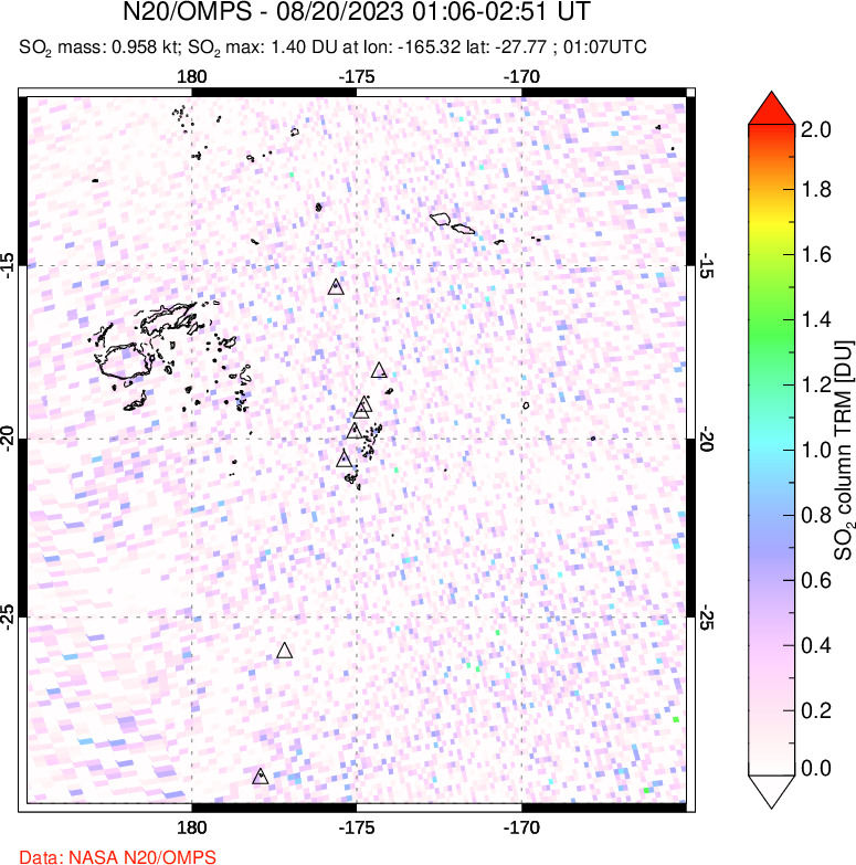 A sulfur dioxide image over Tonga, South Pacific on Aug 20, 2023.