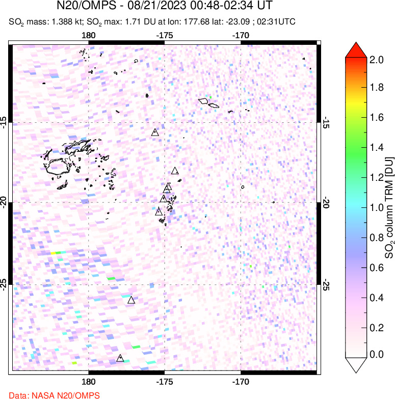 A sulfur dioxide image over Tonga, South Pacific on Aug 21, 2023.