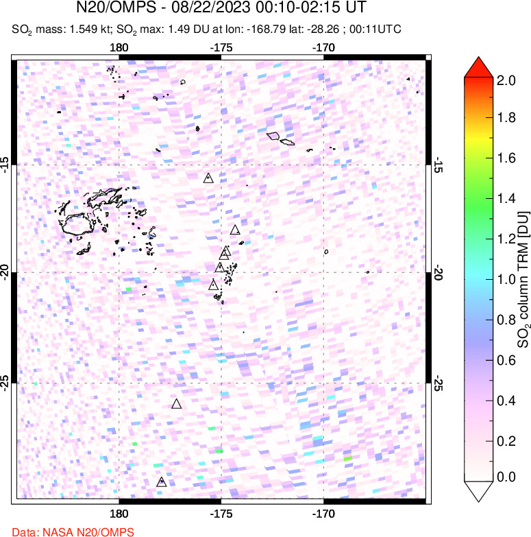 A sulfur dioxide image over Tonga, South Pacific on Aug 22, 2023.