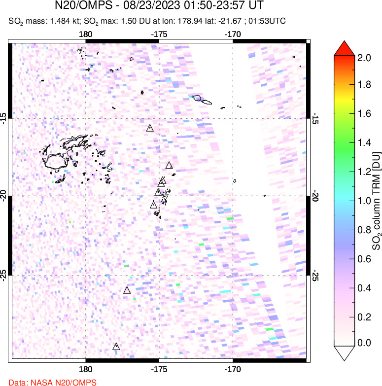 A sulfur dioxide image over Tonga, South Pacific on Aug 23, 2023.