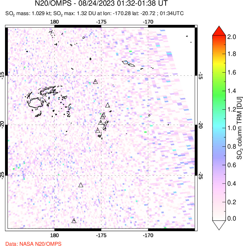 A sulfur dioxide image over Tonga, South Pacific on Aug 24, 2023.