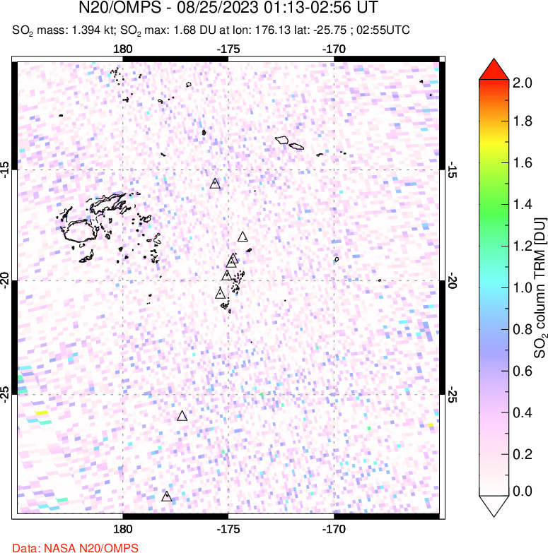 A sulfur dioxide image over Tonga, South Pacific on Aug 25, 2023.