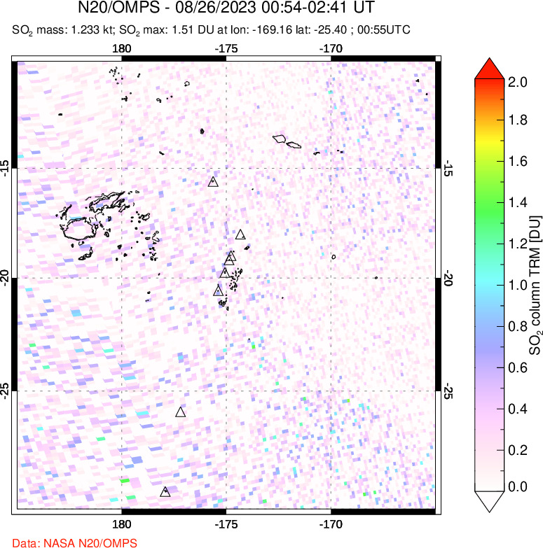 A sulfur dioxide image over Tonga, South Pacific on Aug 26, 2023.