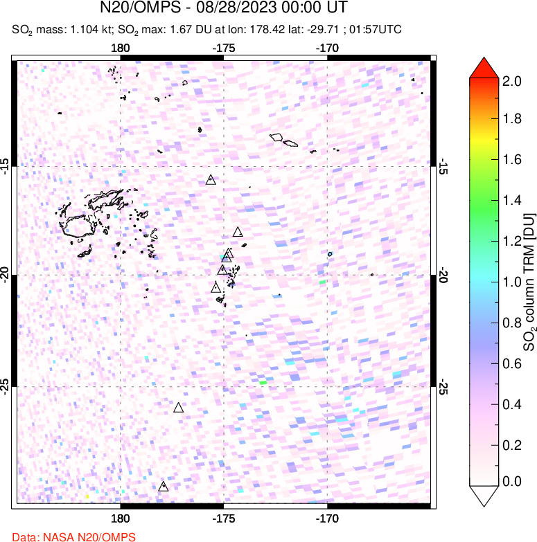 A sulfur dioxide image over Tonga, South Pacific on Aug 28, 2023.