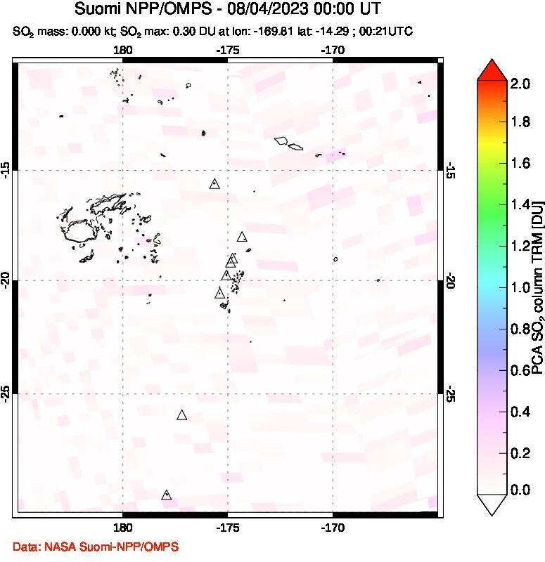 A sulfur dioxide image over Tonga, South Pacific on Aug 04, 2023.