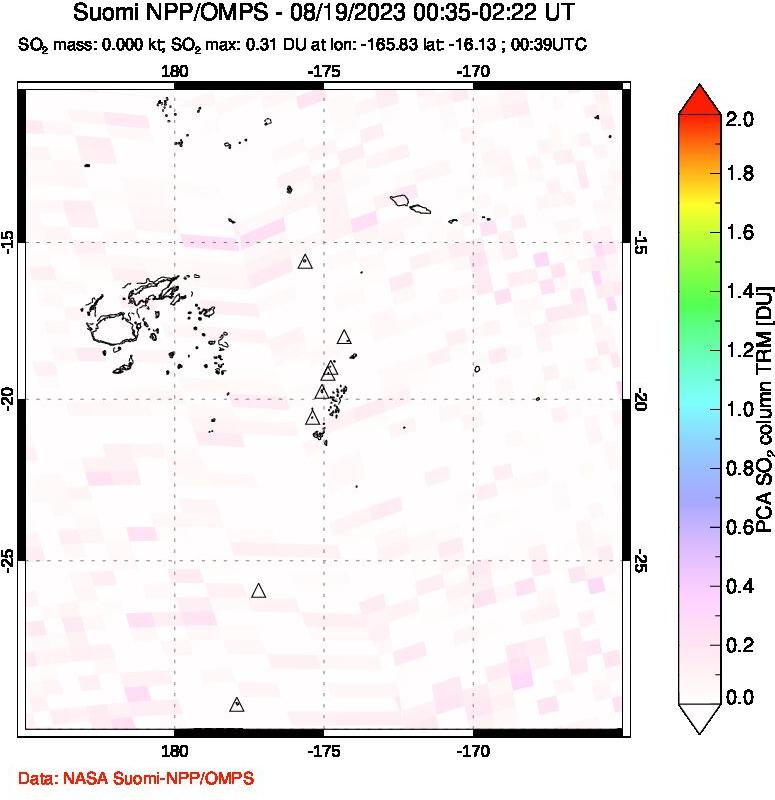 A sulfur dioxide image over Tonga, South Pacific on Aug 19, 2023.