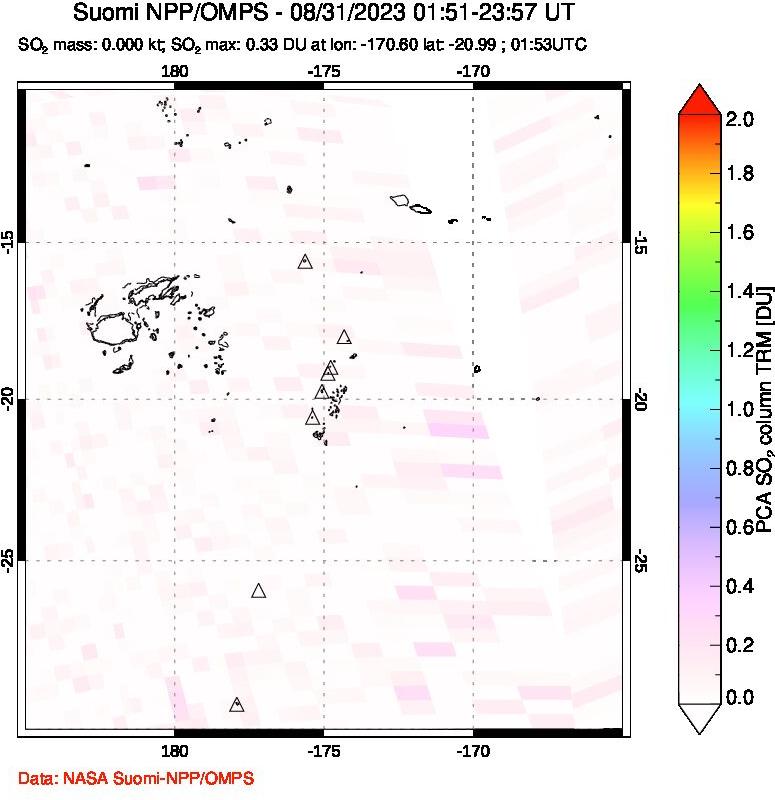 A sulfur dioxide image over Tonga, South Pacific on Aug 31, 2023.