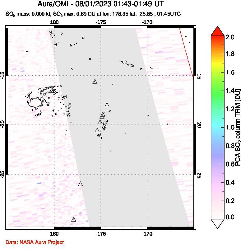 A sulfur dioxide image over Tonga, South Pacific on Aug 01, 2023.
