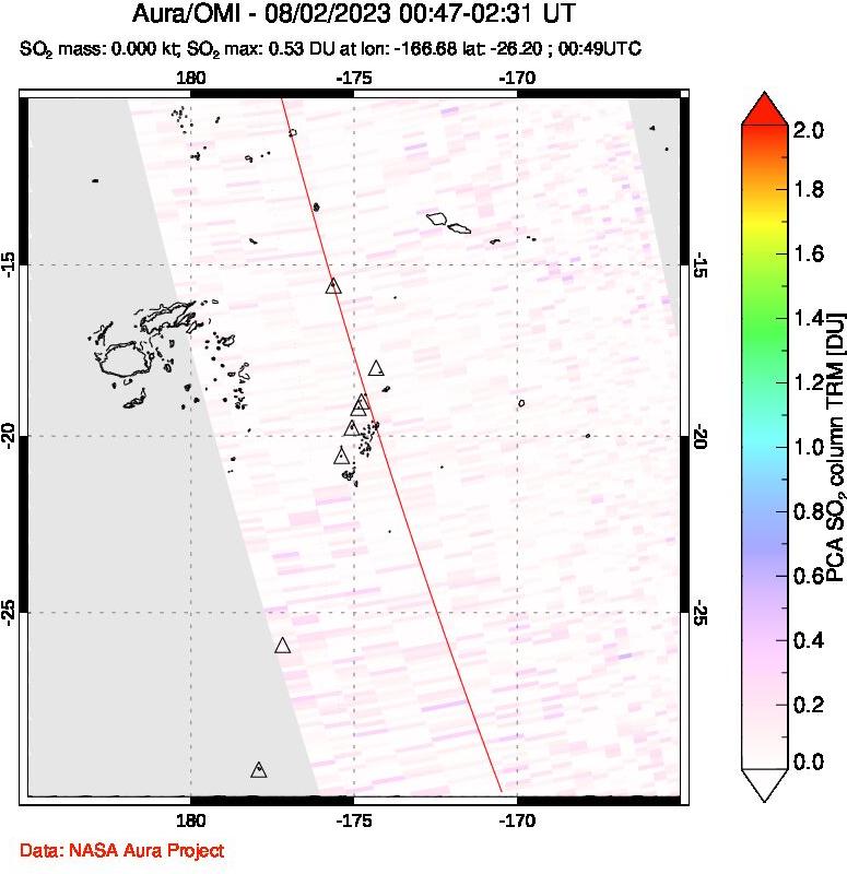 A sulfur dioxide image over Tonga, South Pacific on Aug 02, 2023.