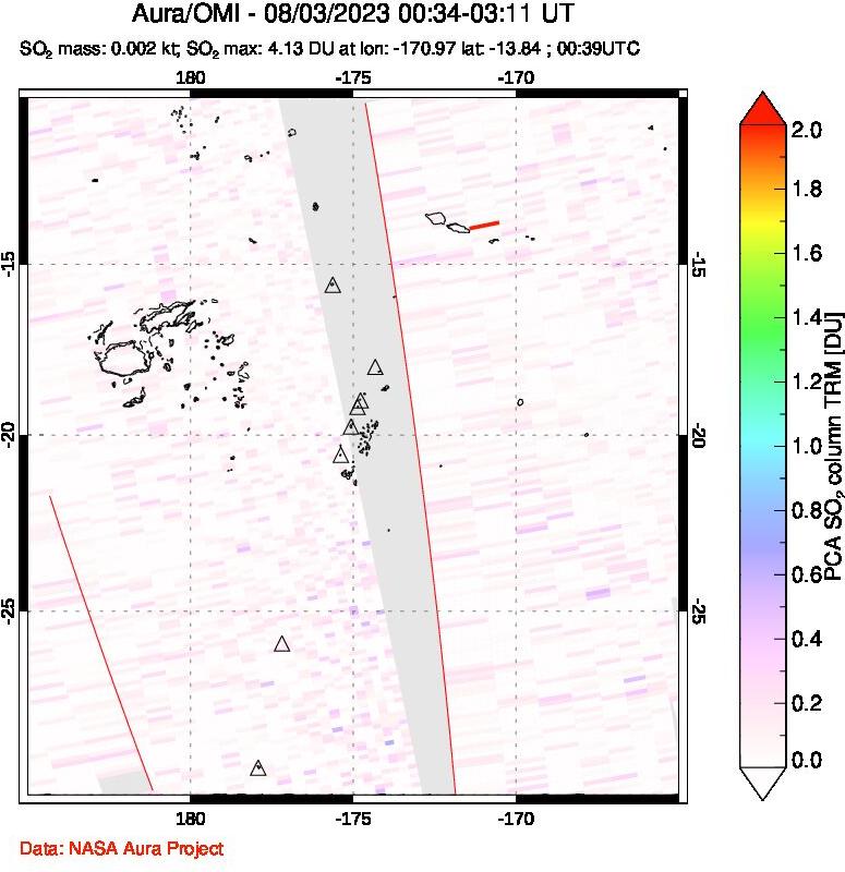A sulfur dioxide image over Tonga, South Pacific on Aug 03, 2023.