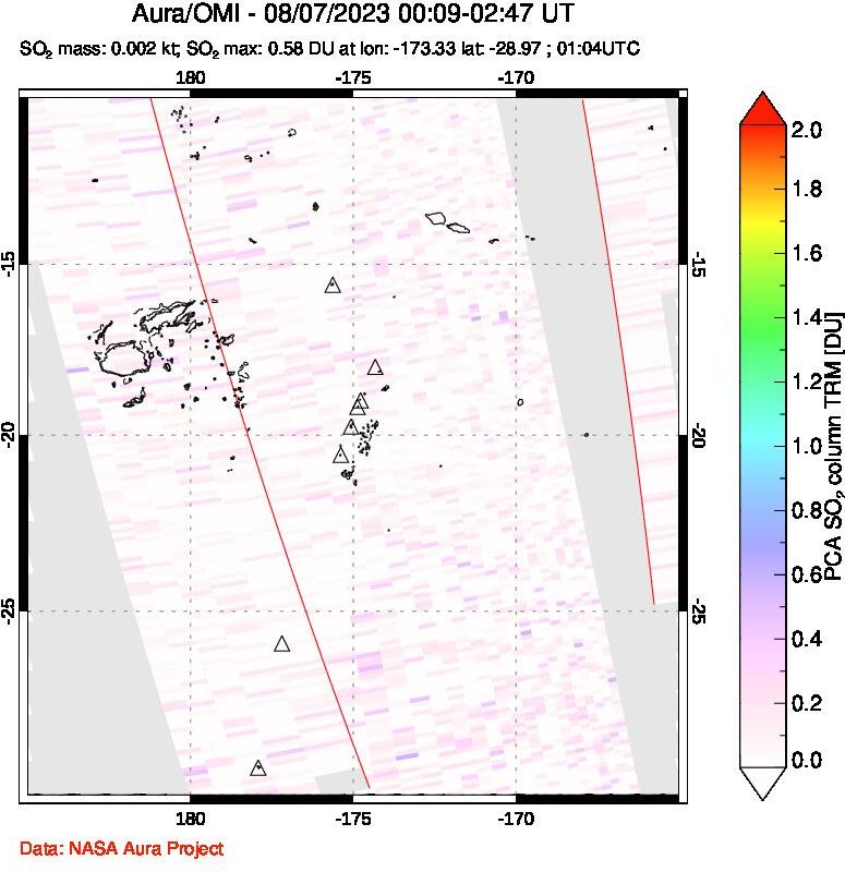 A sulfur dioxide image over Tonga, South Pacific on Aug 07, 2023.