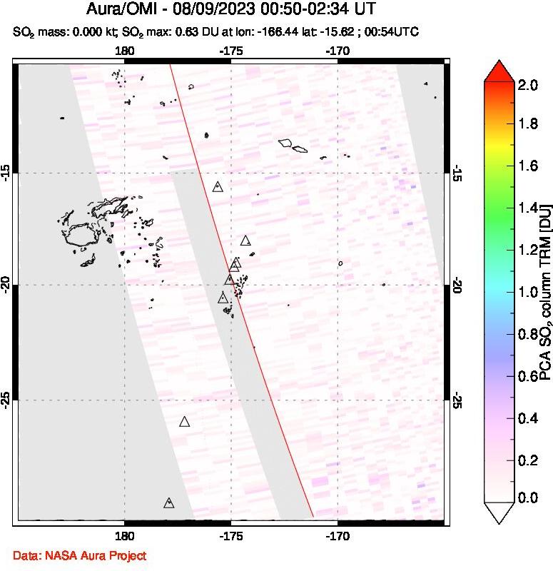 A sulfur dioxide image over Tonga, South Pacific on Aug 09, 2023.
