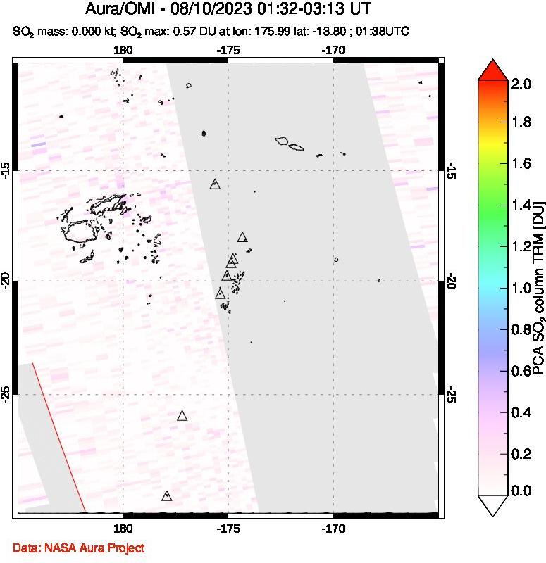 A sulfur dioxide image over Tonga, South Pacific on Aug 10, 2023.