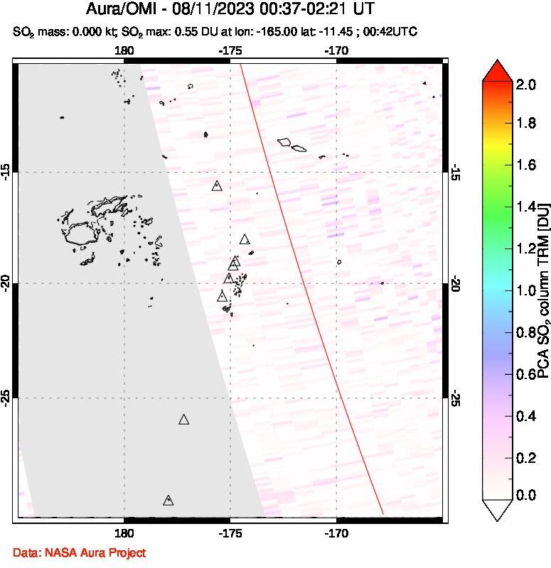 A sulfur dioxide image over Tonga, South Pacific on Aug 11, 2023.