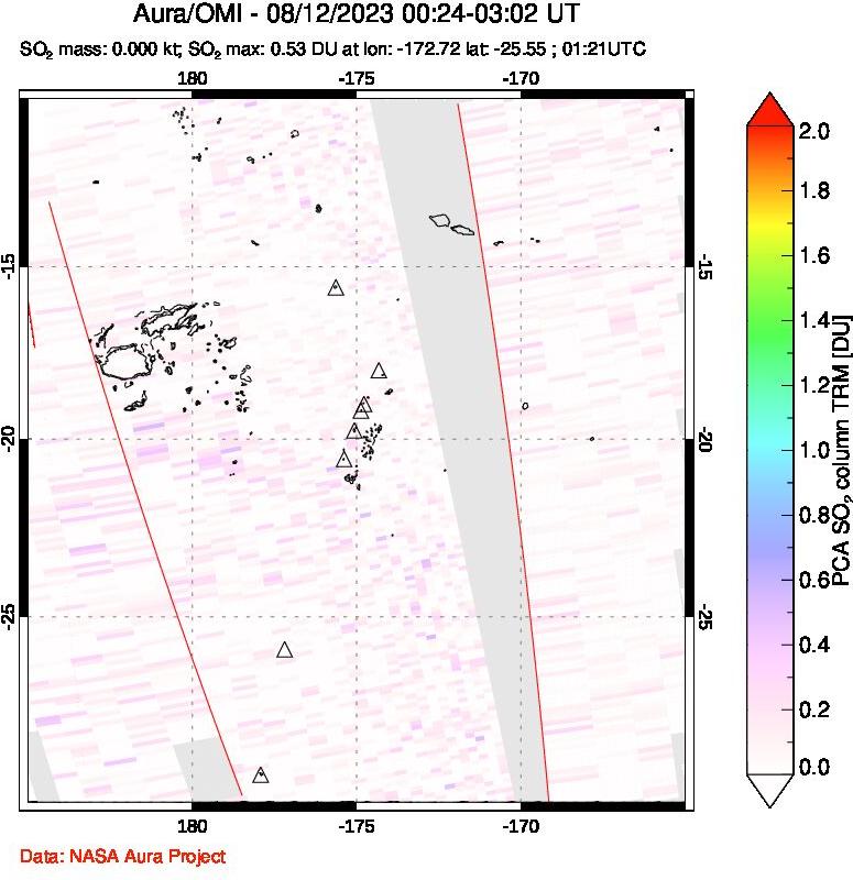 A sulfur dioxide image over Tonga, South Pacific on Aug 12, 2023.