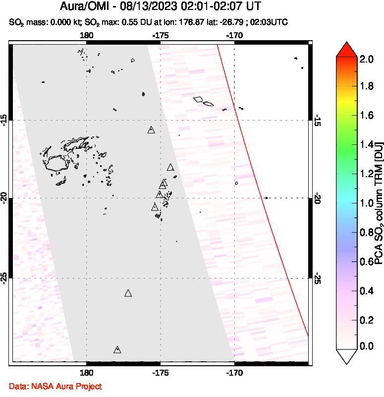 A sulfur dioxide image over Tonga, South Pacific on Aug 13, 2023.