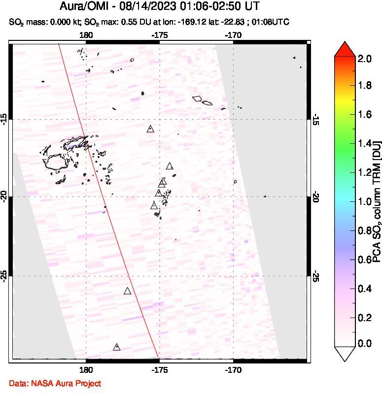 A sulfur dioxide image over Tonga, South Pacific on Aug 14, 2023.