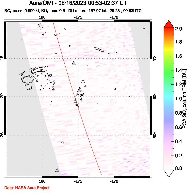 A sulfur dioxide image over Tonga, South Pacific on Aug 16, 2023.