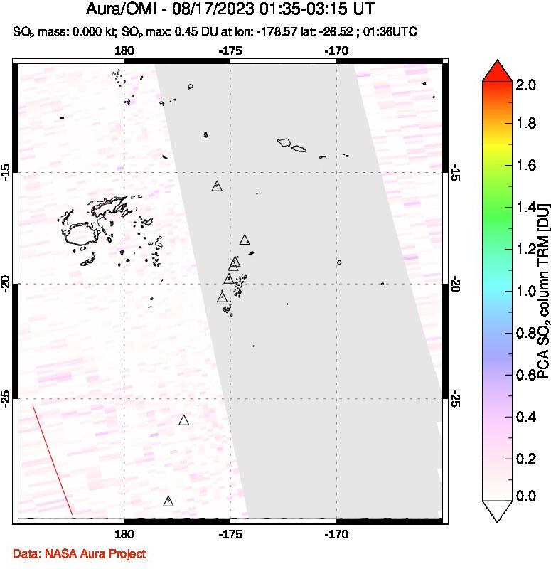 A sulfur dioxide image over Tonga, South Pacific on Aug 17, 2023.