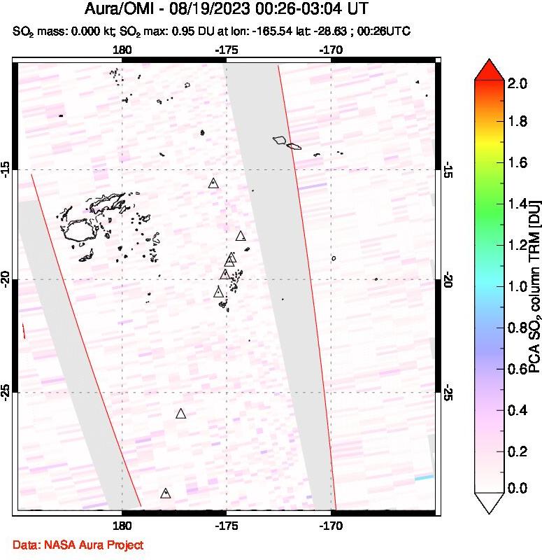 A sulfur dioxide image over Tonga, South Pacific on Aug 19, 2023.