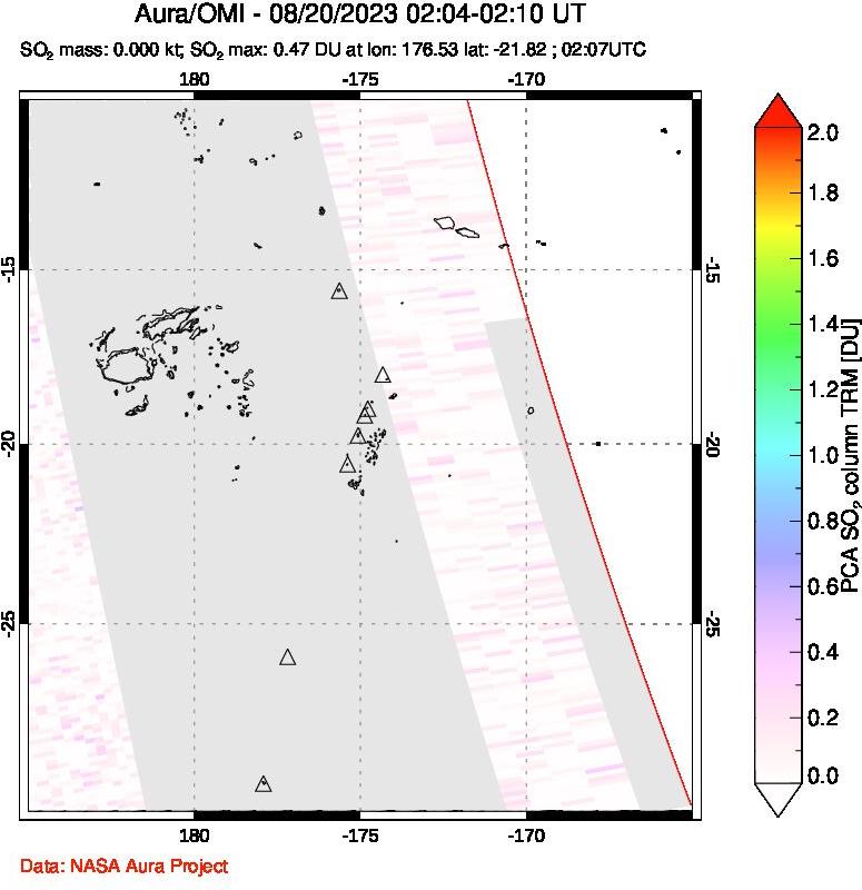 A sulfur dioxide image over Tonga, South Pacific on Aug 20, 2023.