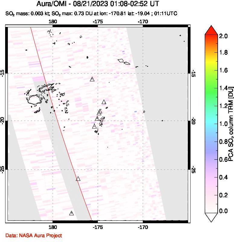 A sulfur dioxide image over Tonga, South Pacific on Aug 21, 2023.