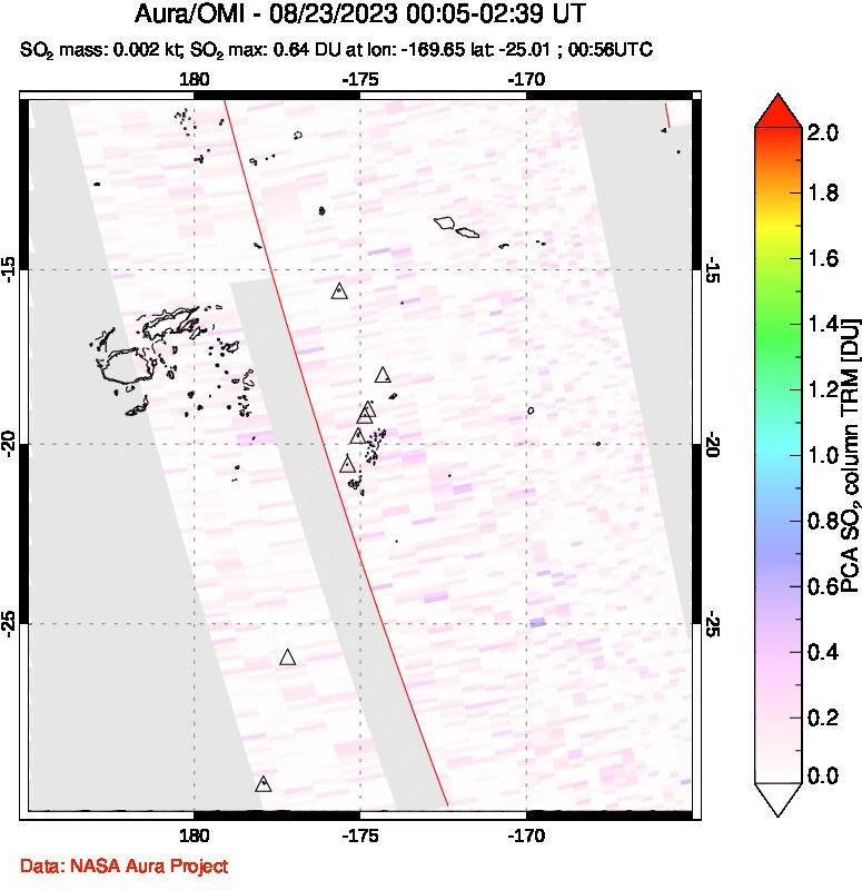 A sulfur dioxide image over Tonga, South Pacific on Aug 23, 2023.