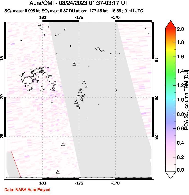 A sulfur dioxide image over Tonga, South Pacific on Aug 24, 2023.