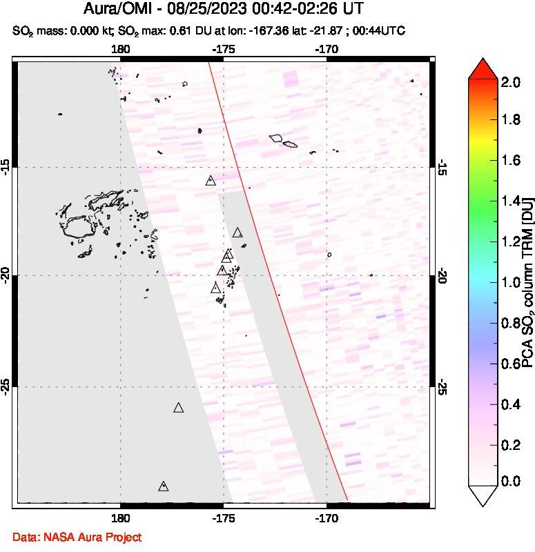 A sulfur dioxide image over Tonga, South Pacific on Aug 25, 2023.