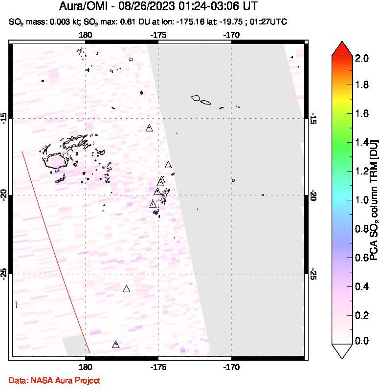 A sulfur dioxide image over Tonga, South Pacific on Aug 26, 2023.