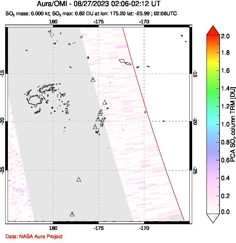 A sulfur dioxide image over Tonga, South Pacific on Aug 27, 2023.