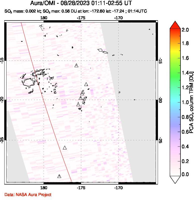 A sulfur dioxide image over Tonga, South Pacific on Aug 28, 2023.