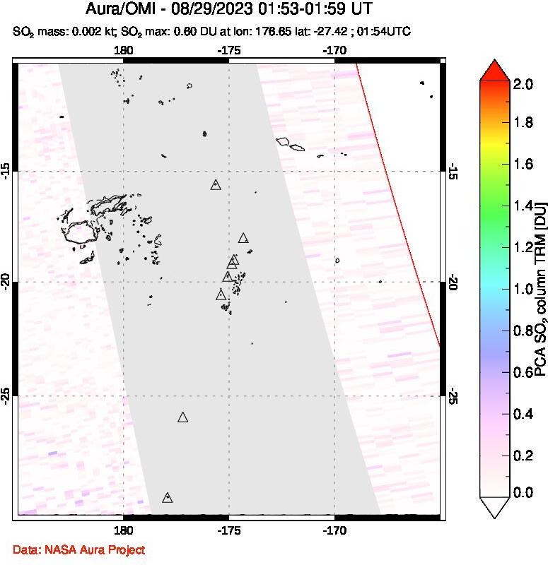 A sulfur dioxide image over Tonga, South Pacific on Aug 29, 2023.