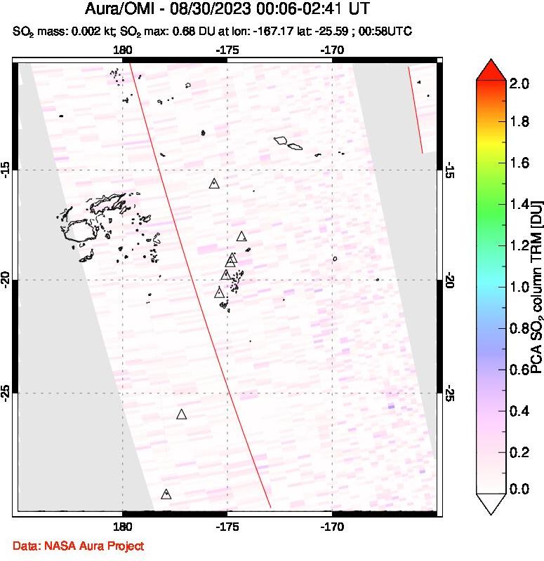 A sulfur dioxide image over Tonga, South Pacific on Aug 30, 2023.