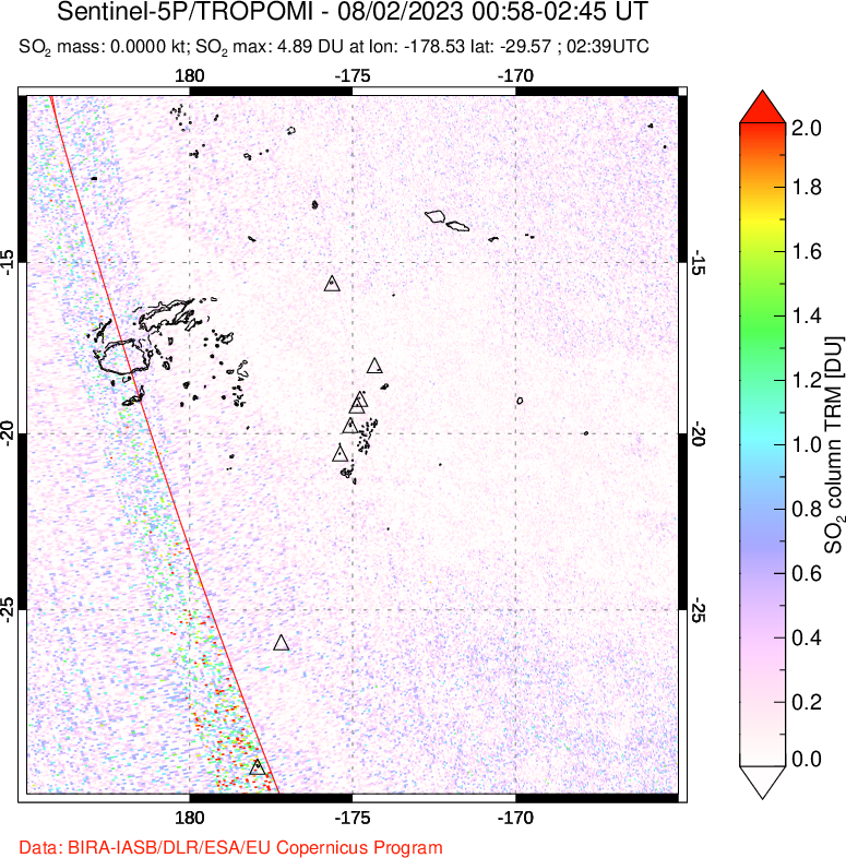 A sulfur dioxide image over Tonga, South Pacific on Aug 02, 2023.