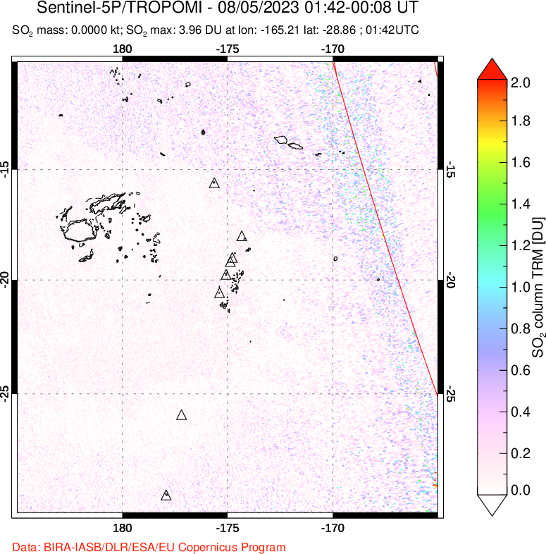 A sulfur dioxide image over Tonga, South Pacific on Aug 05, 2023.